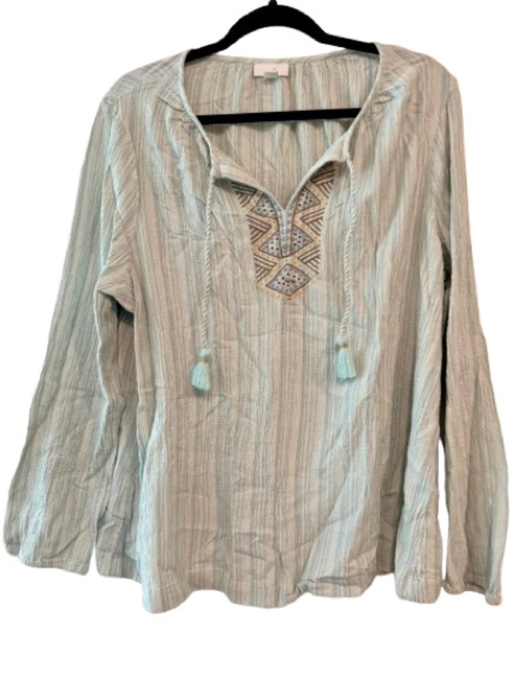 J Jill Cotton Boho Embroidered Tunic Top - Light Aqua Stripe